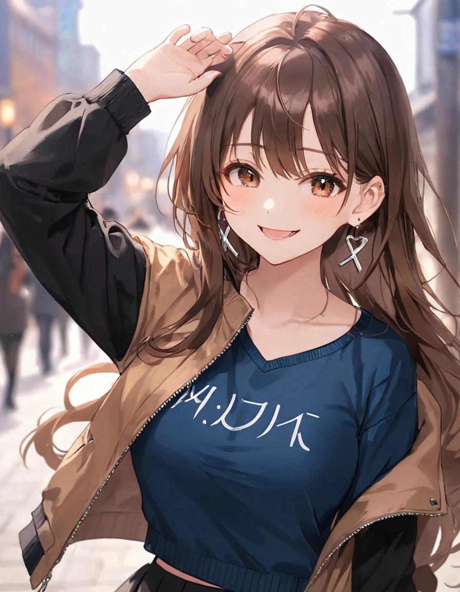 One Girl, Ahoge, bangs, black skirt, black sweater, Blue Claws, Blurred, Blurred background, chest, Brown eyes, Brown Hair, brown Jacket, Mouth closed, Day付付き, Day, Written boundary depth, Earrings, eyelash, Please raise your hand, Tilt your head, Jacket, jewelry, Long Hair, Long sleeve, Show Viewer, medium chest, Manicure, Open clothes, open Jacket, Outdoor, Pursing your lips, tuck your shirt in, Side Lock, skirt, Sleeves are longer than the wrist, alone, sweater, Upper Body, zipper, smile, ((masterpiece)), 