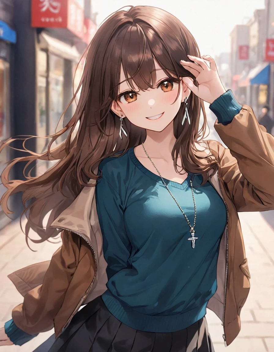 One Girl, Ahoge, bangs, black skirt, black sweater, Blue Claws, Blurred, Blurred background, chest, Brown eyes, Brown Hair, brown Jacket, Mouth closed, Day付付き, Day, Written boundary depth, Earrings, eyelash, Please raise your hand, Tilt your head, Jacket, jewelry, Long Hair, Long sleeve, Show Viewer, medium chest, Manicure, Open clothes, open Jacket, Outdoor, Pursing your lips, tuck your shirt in, Side Lock, skirt, Sleeves are longer than the wrist, alone, sweater, Upper Body, zipper, smile, ((masterpiece)), 