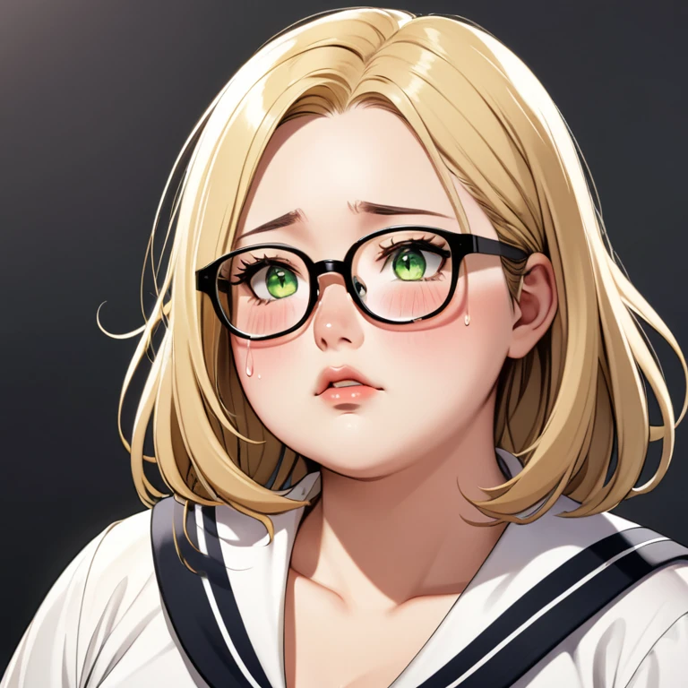 chubby girl, adult, blond, Medium length hair, open forehead, without bangs, greeneyes, black square-rim glasses, tears, sailor 