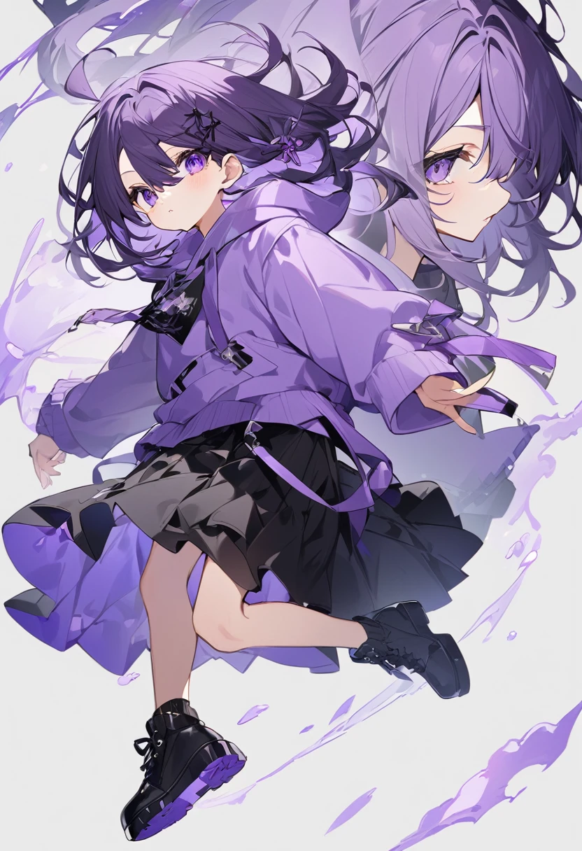 Keito。Purple Eyes。Purple Hair。Purple Skirt。Black shoes下。Black shoes。Purple hoodie