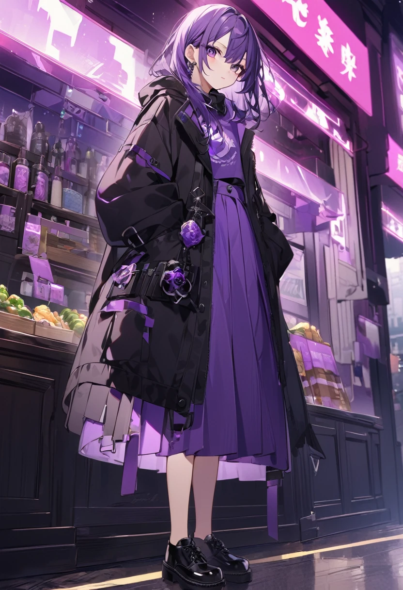 Keito。Purple Eyes。Purple Hair。Purple Skirt。Black shoes下。Black shoes。Purple hoodie