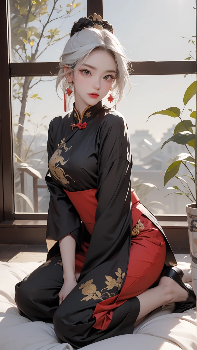 A very beautiful female empress, white hair, bob hair, short-hair, yellow eyes, olhos intensos, red nails, youthful face, notable physical features, slim, muscular but well-proportioned body. Wearing traditional Chinese imperial clothing in black with gold details, with red Hanafuda earrings, with a red skirt with gold details, a black string sandal. Kneeling on a white bed in an ancient Chinese room, with a full moon and stars in the window in the background with flashes of light reflecting on the body.