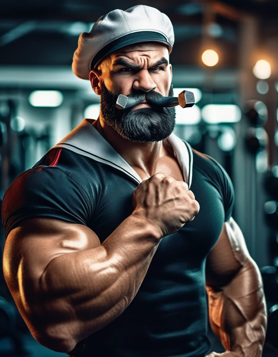 Sailor Popeye faithful to the work, lifting a big dumbbell as a bodybuilding athlete, highlighting your chin and forearm, your muscles well defined, Symmetrical, not exaggerated, harmonic, classic sailor look with pipe, black beard. with a powerful expression, Determined, force. The background of the image with elements of the work such as spinach, pipe and a gym, like weights, dumbbells, training equipment. With an intense atmosphere. Essence "badass" clenched fists, left eye is white . highy detailed, film, bokeh, proffesional, highy detailed