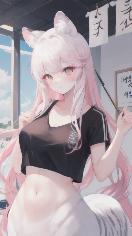 (best quality, masterpiece), 1 girl, centaur, It takes, White skin, Korean , ((23 years old)),black pink,Smiling, exposing the abdomen, belly button t-shirt , 아름다운 소녀 perfect white tiger photo, perfect white tiger photo