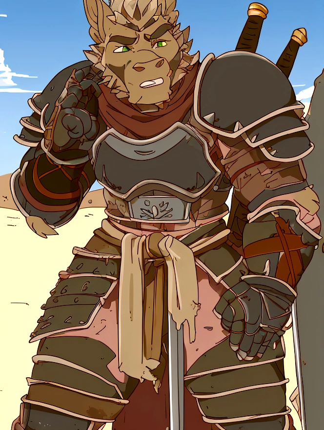 Solo Sexy young anthro scalie dragon male mercenary medieval solider, slim endomorph muscular, anthro handsome gay shorter muzzle, handsome gay model male apperance, sword scars, worn out leather skimpy armament, low on hips heavy leather belt, old very worn out skimpy dirty linen material jockstrap, old yellow dirty worn out stains on white sawn jockstrap, very visible "x" brown seam pattern on the jockstrap, studded skimpy armlets breastplate armor, skimpy breastplate, leather bondages, fingerless leather gloves, smelly unwashed husk, dirty body look, desert battlefield, standing in sexy fighting position, close view of full character
