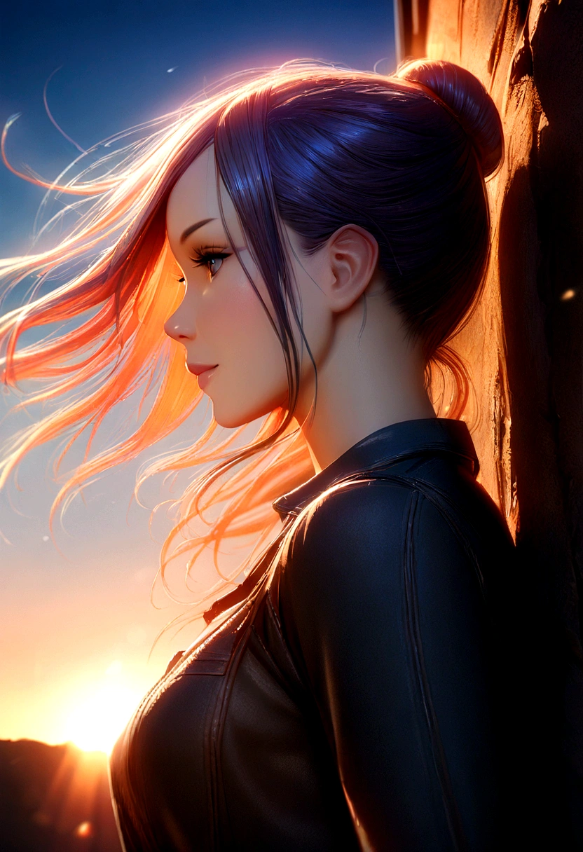 a woman inspired by Karen Gillan, antrum, lightwave, sun sunset, blue skies, intricate, highly detailed, cinematic lighting, dramatic composition, volumetric lighting, photorealistic, 8k, best quality, masterpiece