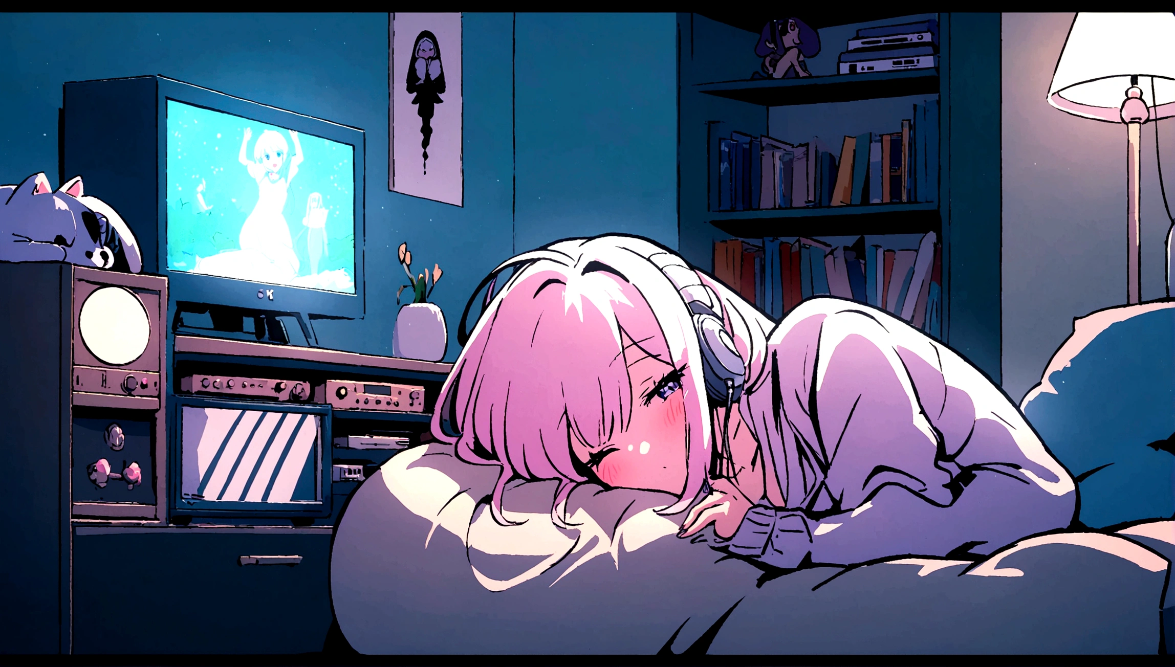 imagem perfeita, 8k, Girl listening to music in a cozy room at night, Usando fones de ouvido, Anime estilo 2D, Lo-fi, disco Rigido, Ambiente escuro, Cuddled with her boyfriend,occhi perfetti 4k perfetto, capelli blu , da sola che studia