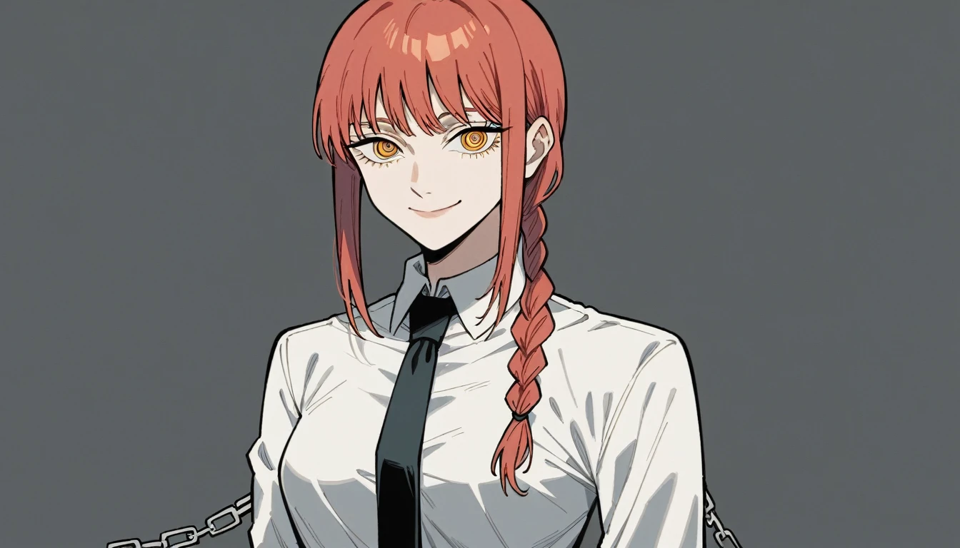 makima \(chainsaw man\), best quality, ultra detailed, 1girl, solo, standing, red hair, long braided hair, golden eyes, bangs, round breasts, wide hips, white shirt, necktie, stare, smile, (evil:1.2), looking at viewer, (interview:1.3), (dark background, chains:1.3),
