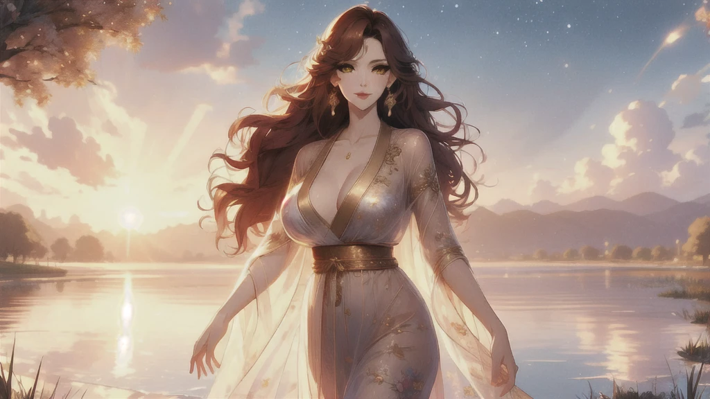 UHD, textured skin, high detail, anatomically correct, SOLO, 1 female, Xian mei, unique golden eyes, long red curly hair, jewelry, round, big breasts, perfect anatomy, walking by the lake, clear water nude, nude, sexy, hot , stars at night, shooting stars, wonderful sky, dear night sky,