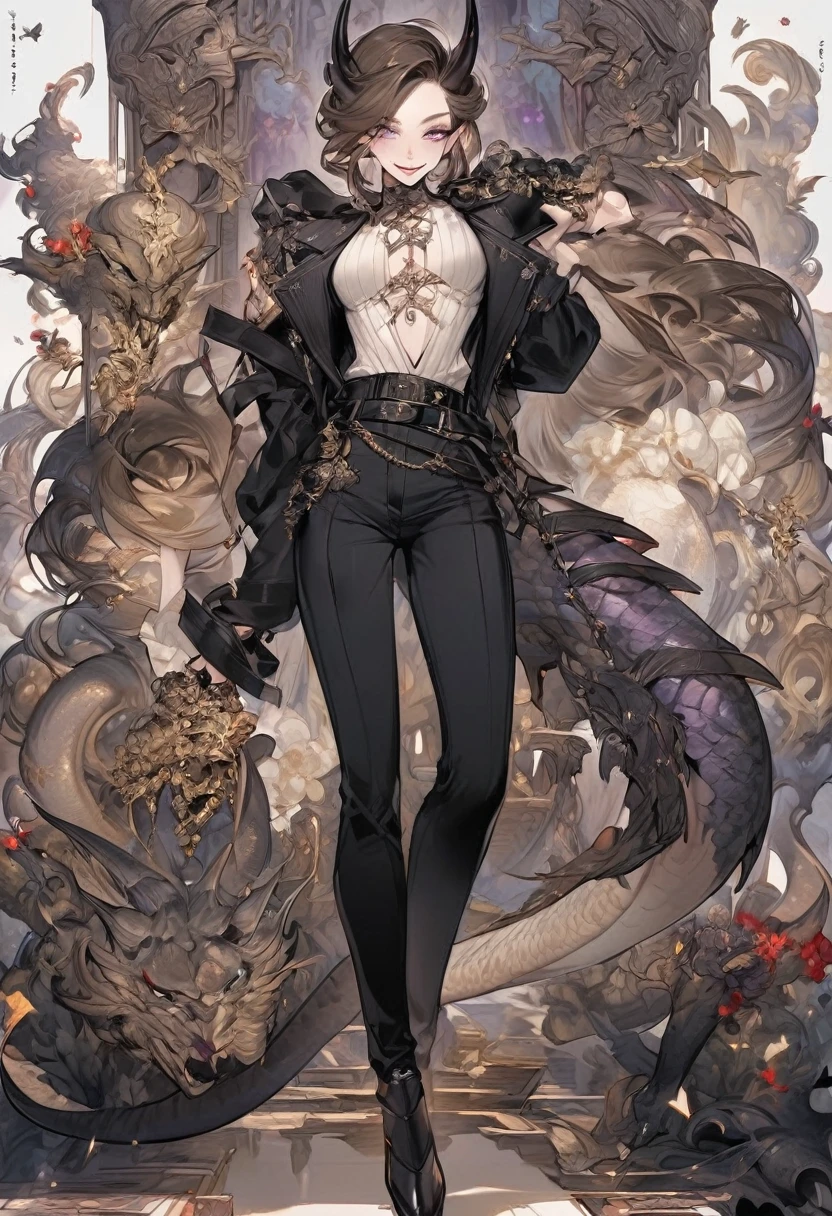 Tall woman, cheeky mad smile, brunette, hair gathered in a low bun, black clothes with open chest, purple eyes, dragon tail and horns, belts, pants, many details, light lipstick