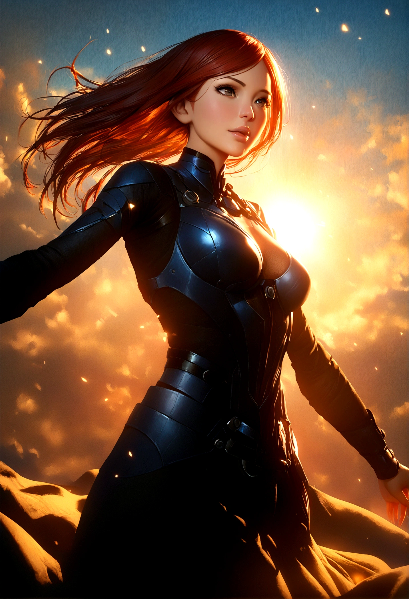 a woman inspired by Karen Gillan, antrum, lightwave, sun sunset, blue skies, intricate, highly detailed, cinematic lighting, dramatic composition, volumetric lighting, photorealistic, 8k, best quality, masterpiece