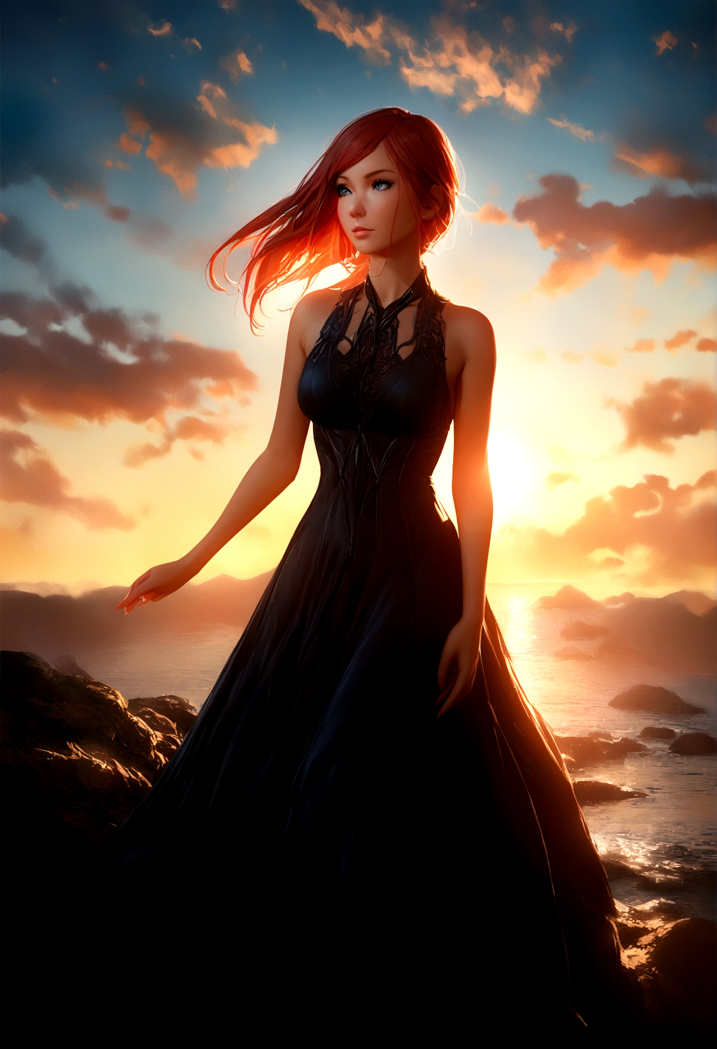 a woman inspired by Karen Gillan, antrum, lightwave, sun sunset, blue skies, intricate, highly detailed, cinematic lighting, dramatic composition, volumetric lighting, photorealistic, 8k, best quality, masterpiece