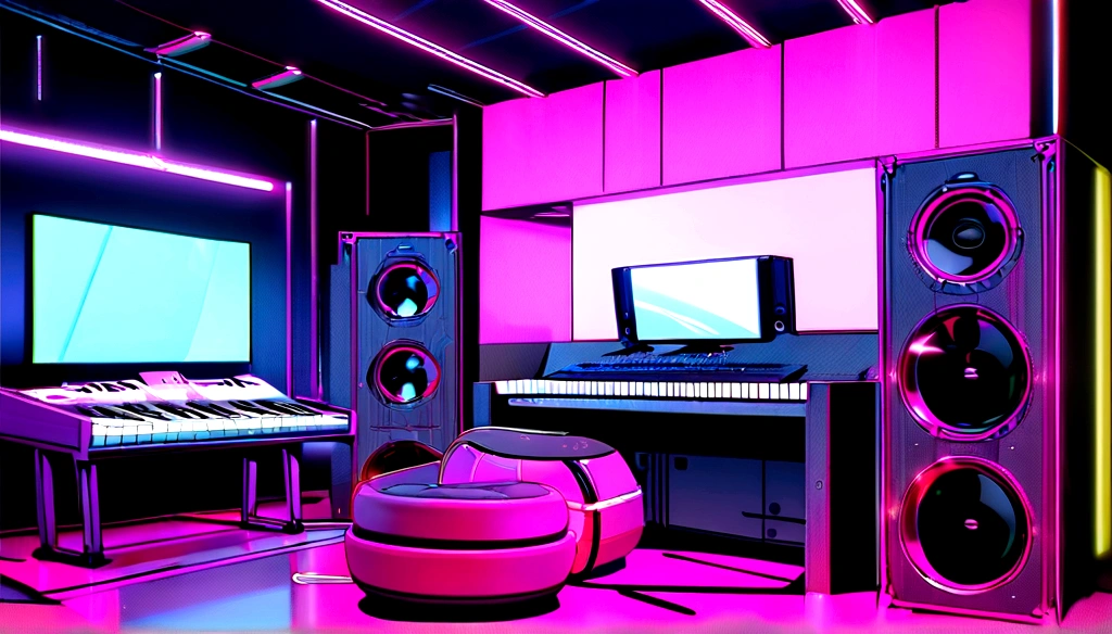 There is a music studio room with a table, a chair, sofas,and computer monitor,keyboard,pianos,and guitar,arranger mixer,KRK Audio,listener,Equipment cables,raining night，Digital painting inspired by Beeple, blinds, conceptual artwork, 3D rendering beeple, interior background art, arte synthwave style, Flat synthetic wave art style, arte synthwave, cyberpunk teenage room