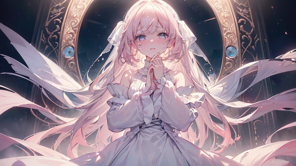 (darkness), ((Beautiful eyes)), (((tears))), (((Highest quality、masterpiece、Ultra-fine、Ultra-fine、Exquisite、16K、Full HD,))) 、Long eyelashes、White skin、(thin and long)、 ((cute)) ((One person)),Wide Shot,(A magnificent composition、epic proportion)、(Pale pink lips、Pale pink cheeks、thin and long)、Dynamic lighting,