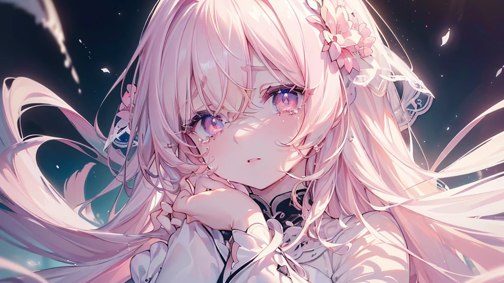 (darkness), ((Beautiful eyes)), (((tears))), (((Highest quality、masterpiece、Ultra-fine、Ultra-fine、Exquisite、16K、Full HD,))) 、Long eyelashes、White skin、(thin and long)、 ((cute)) ((One person)),Wide Shot,(A magnificent composition、epic proportion)、(Pale pink lips、Pale pink cheeks、thin and long)、Dynamic lighting,