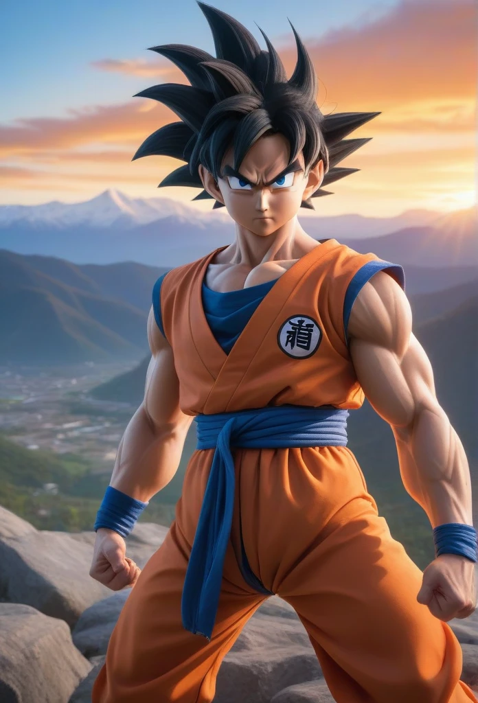 (Masterpiece artwork, 8K, uhd, high resolution: 1.4), moving portrait of Goku, (Detailed and realistic strokes: 1.3), (spiky black hair and expressive eyes: 1.2), (powerful and determined pose: 1.3), (wearing the iconic orange uniform: 1.2), (bright blue energy aura around: 1.3), (background with mountains and sky scenery at sunset: 1.1), (epic and inspiring atmosphere: 1.3), Intricate, vibrant details, (fantasy and action elements: 1.2), (dynamic and heroic perspective: 1.3)