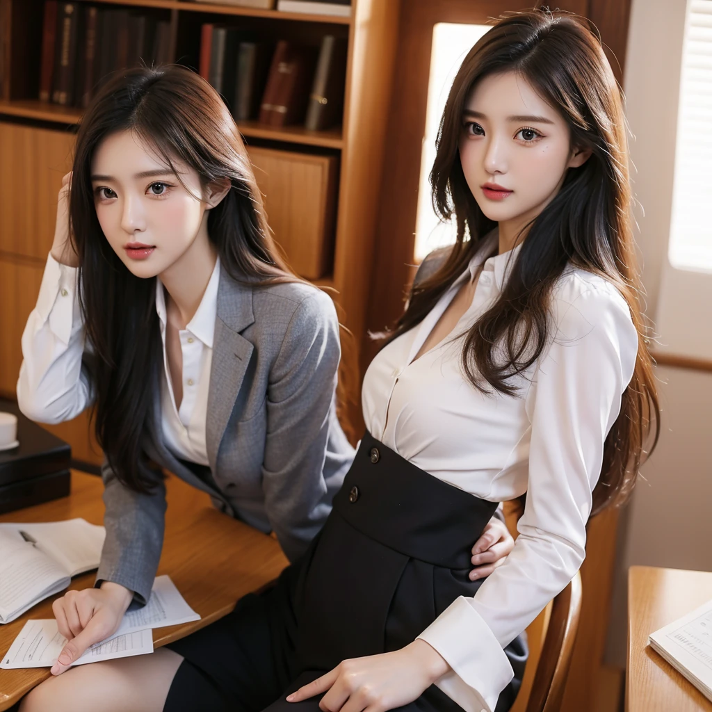 Classy upper class elite secretary in luxury silk blouse, Skirt and thighs、27 years old、height　162cm、Sitting on a chair in the office、Office uniform, (Glossy Pantyhose,Realistic pantyhose)、Working in the office、Wearing an ultra-thin satin blouse, Wear high-quality high heels、 Girl in blouse, Wearing an elegant blouse, When you wear a very thin blouse, Businessman, Blouse and skirt, Wearing a silk blouse, Wear a shirt and skirt, 　　　　　　RAW Photos, (8K、Highest quality、masterpiece:1.2)、(Intricate details:1.4)、(Photorealistic:1.4)、Octane Rendering、Complex 3D rendering with ultra-detail, Soft studio light, Rim Light, Vivid details, Super Detail, Realistic skin textures, Face in detail, Beautiful details in the eyes, Highly detailed CG Unity 16k wallpaper, compensate, (Detailed Background:1.2),On all fours。 Exposed thighs!!!Erotic～！！！！