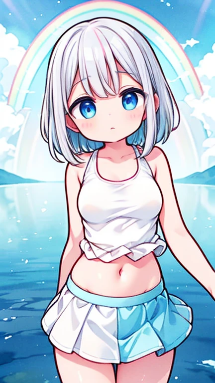 Enjoying the morning sun on the beach、(water colour,tegaki:1.4),(soft pastel colors:1.3),(Platinum hair:1.3),( blue colored eyes:1.1),break,,(pastel white rainbow color palette:1.3),(pastel rainbow tank top:1.4),(mini-skirt:1.3),(musical score:1.1)、kawaii、rough touch、detailed expression、(teenagers、gorgeous eyes、blue colored eyes、gray hair、curly hair、苗条、breasts small、 flegs、inner thighs、beautiful fur、perfect fingertips、8 heads、look away、during、lolicon)、hypdertailed