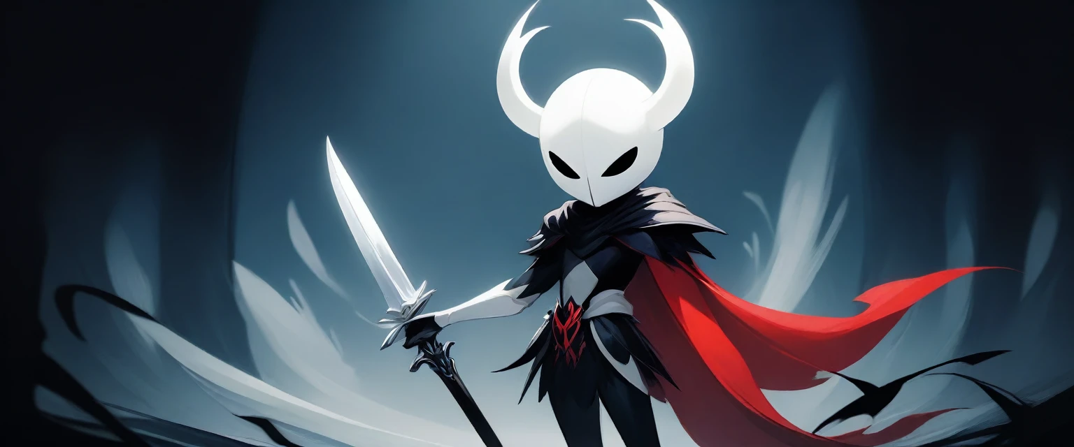 Cartoon illustration of a white red and black character with a sword, portrait of hollow knight, hollow knight style, the knight from hollow knight, hollow knight, hollow knight concept art, hornet from hollow knight, in style of cytus and deemo, hollow knight screenshot, official art, hd artwork, undertale, hypervivid intense mcbess, celshaded art, rendered art