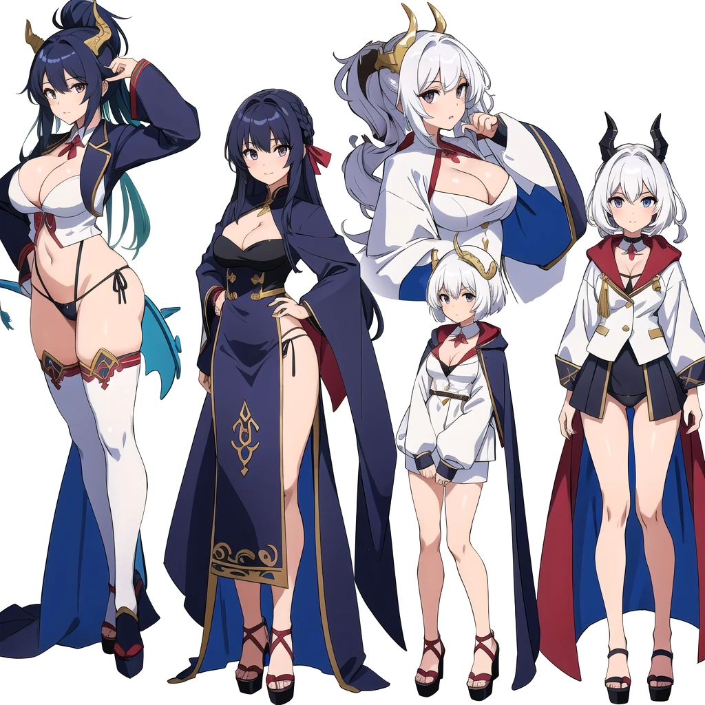 3 girls, variety of hairstyles, ((white background)), (((full body))), multiple views, dragon horn, thong, cleavage, short tie, sleeves, highleg,