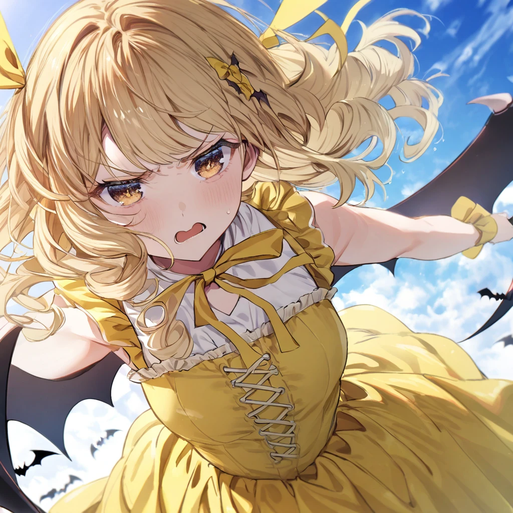 Yellow ribbon hair accessory, short blonde curly hair, yellow corset dress, bat wings, blue sky, bad mood, reddish brown eyes