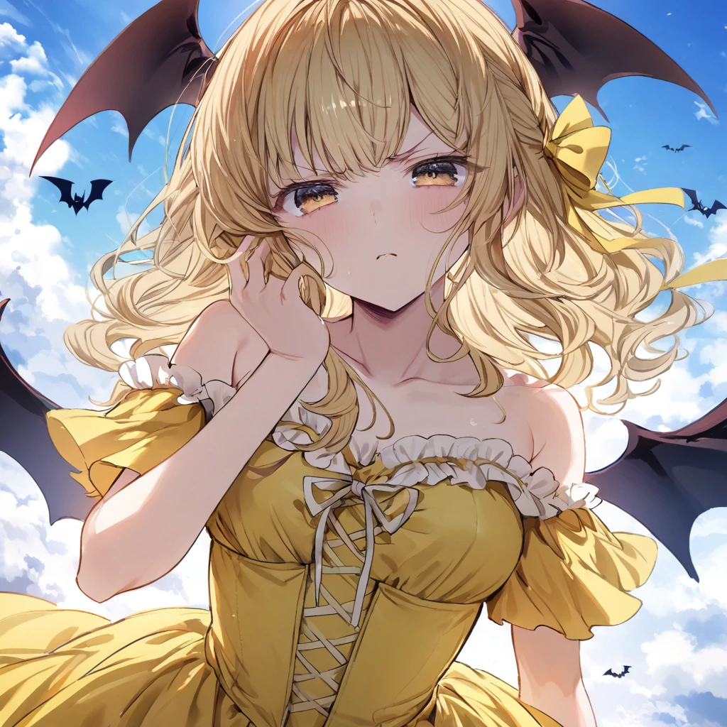 Yellow ribbon hair accessory, short blonde curly hair, yellow corset dress, bat wings, blue sky, bad mood, reddish brown eyes