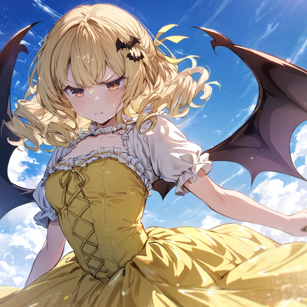 Yellow ribbon hair accessory, short blonde curly hair, yellow corset dress, bat wings, blue sky, bad mood, reddish brown eyes