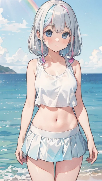 Enjoying the morning sun on the beach、(water colour,tegaki:1.4),(soft pastel colors:1.3),(Platinum hair:1.3),( blue colored eyes:1.1),break,,(pastel white rainbow color palette:1.3),(pastel rainbow tank top:1.4),(mini-skirt:1.3),(musical score:1.1)、kawaii、rough touch、detailed expression、(teenagers、gorgeous eyes、blue colored eyes、gray hair、curly hair、苗条、breasts small、 flegs、inner thighs、beautiful fur、perfect fingertips、8 heads、look away、during、lolicon)、hypdertailed