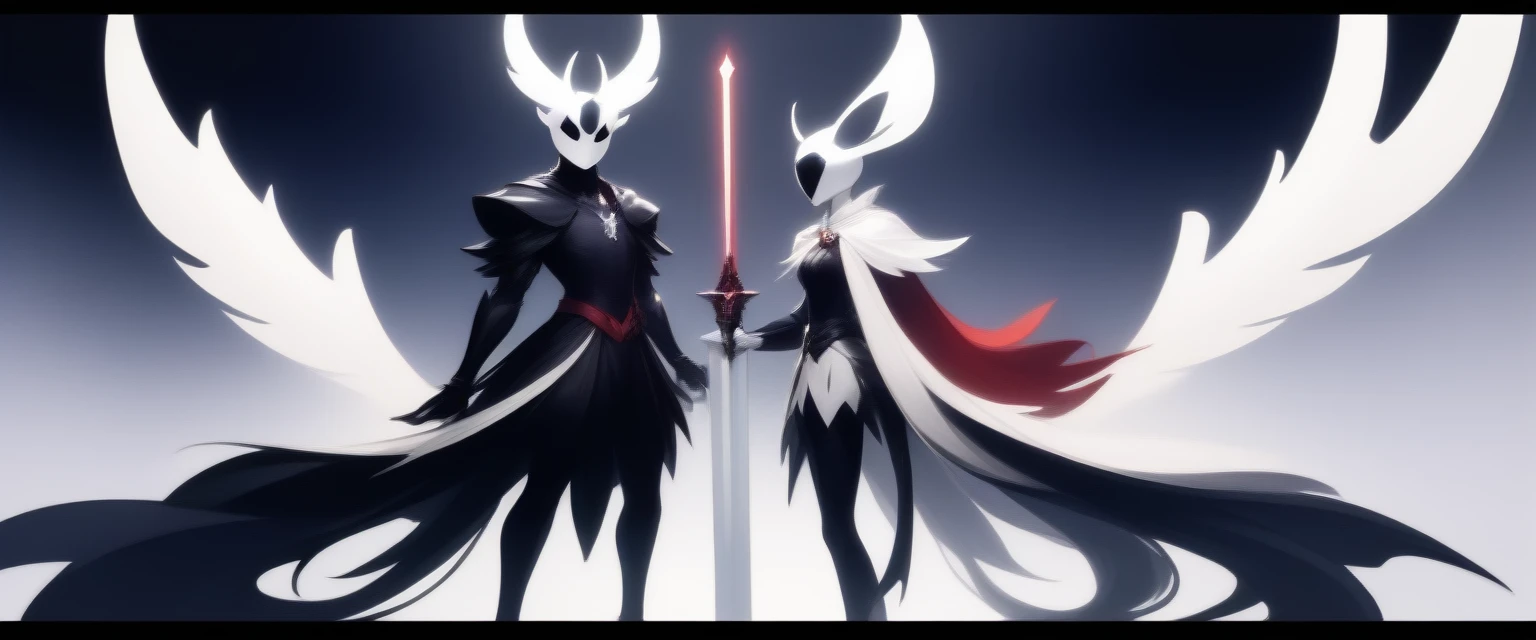 Cartoon illustration of a white red and black character with a sword, portrait of hollow knight, hollow knight style, the knight from hollow knight, hollow knight, hollow knight concept art, hornet from hollow knight, in style of cytus and deemo, hollow knight screenshot, official art, hd artwork, undertale, hypervivid intense mcbess, celshaded art, rendered art