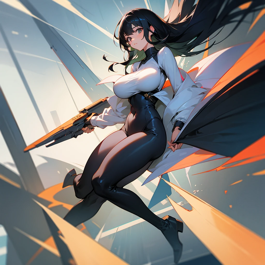 Draw a full-body picture of a cute girl with black hair, a young face, and big breasts.