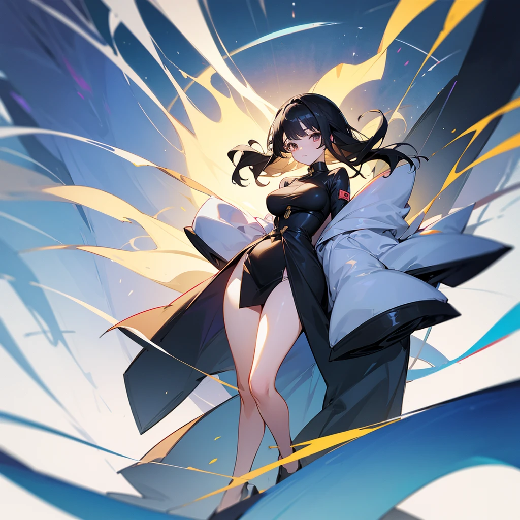 Draw a full-body picture of a cute girl with black hair, a young face, and big breasts.
