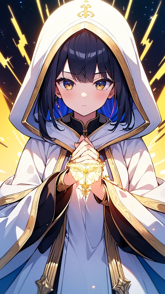 (masterpiece, Highest quality, Highest quality, Official Art, beautifully、aesthetic:1.2), (One girl), Very detailed, (Fractal Art:1.3), colorful, Most detailed, Perfect Face, Upper Body, High resolution, (pray:1.3), (White cloak Golden Line:1.2), Milky Way, (Streaks of Light), Impressive visuals, (Dynamic stripes, Light trail:1.2), Vibrant colors,