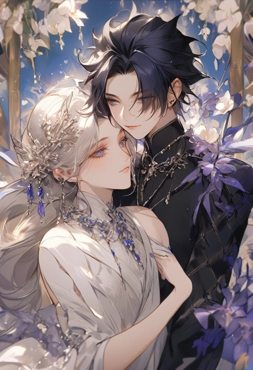 Feminine boy, soft womanish facial features, smile, squinted siren dark blue eyes without glare, silver and dark purple long loose hair with straight bang, fantasy black fit clothes with blue and purple elements, long black gloves, model, gorgeous, elegant, lots of silver jewelry, flowers in his hair, skinny body