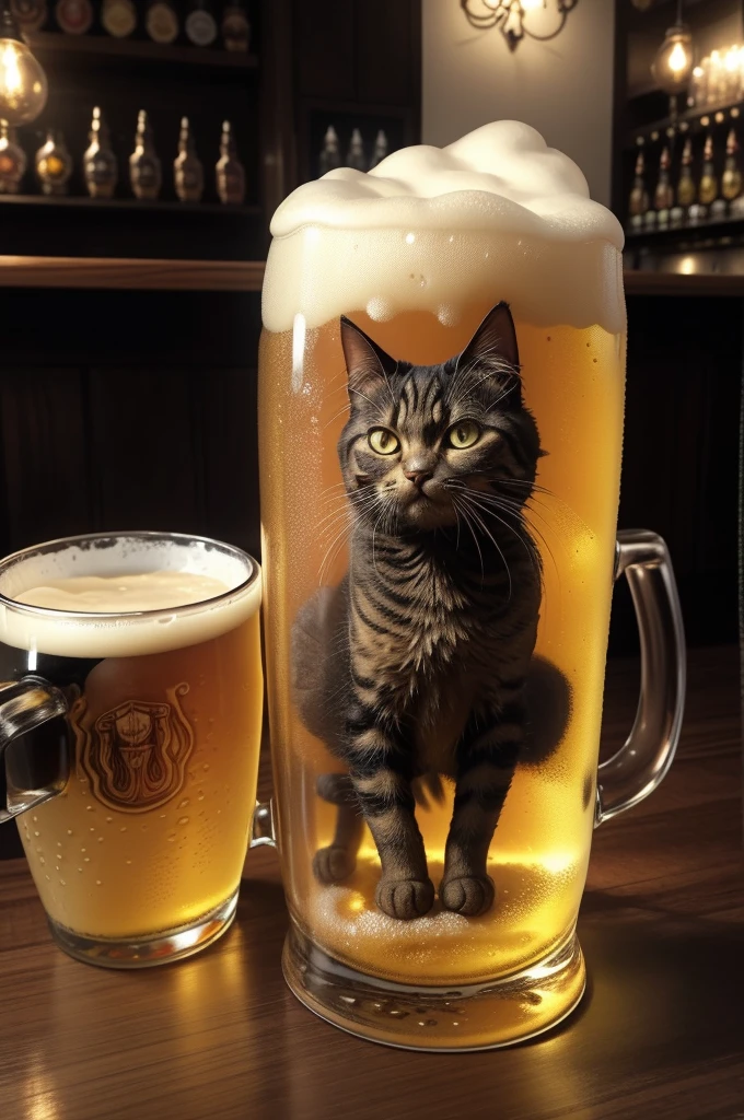 Fantasy beer on an intricate glass, made from cat sculptures, demonic cat inside a glass of beer, (absurdly charming cute, Standing in honor:1.2), beer foam , (Beer foam texture :1.3),