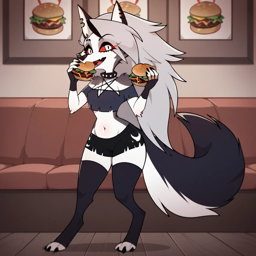 score_9, score_8_up, BREAK, source_anime, (1girl, solo), uncensored, full body, soft belly, belly fat, thigh highs, fingerless gloves, holding burger, mouth open, burger in mouth, 
anthro, furry, pose, sexy,
Loona \(Helluva Boss\), 