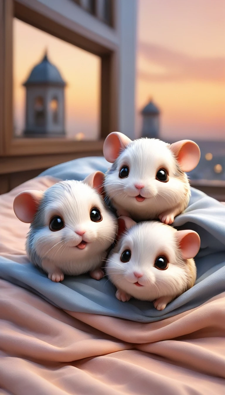 With the sunset in the background,(masterpiece:1.2, high quality), Several baby hamsters sleeping together in bed、