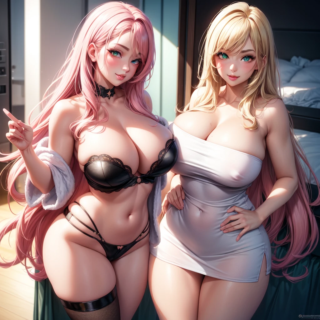 ((1 girls), solo, clevage, Big round breasts, trendy, stylish, clevage, thighs, hips, realistic, pink hair, blonde hair, light green eyes, lip gloss, detailed face, amazing big eyes, eye details, big lips, eyebrow details, blush, smirk, naughty, mischevious face, HD, good quality, bedroom, white towel