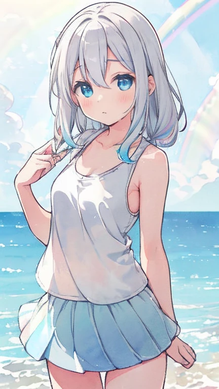 Enjoying the morning sun on the beach、(water colour,tegaki:1.4),(soft pastel colors:1.3),(Platinum hair:1.3),( blue colored eyes:1.1),break,,(pastel white rainbow color palette:1.3),(pastel rainbow tank top:1.4),(mini-skirt:1.3),(musical score:1.1)、kawaii、rough touch、detailed expression、(agers、gorgeous eyes、blue colored eyes、gray hair、curly hair、苗条、breasts small、 flegs、inner thighs、beautiful fur、perfect fingertips、8 heads、look away、during、loli、hypdertailed