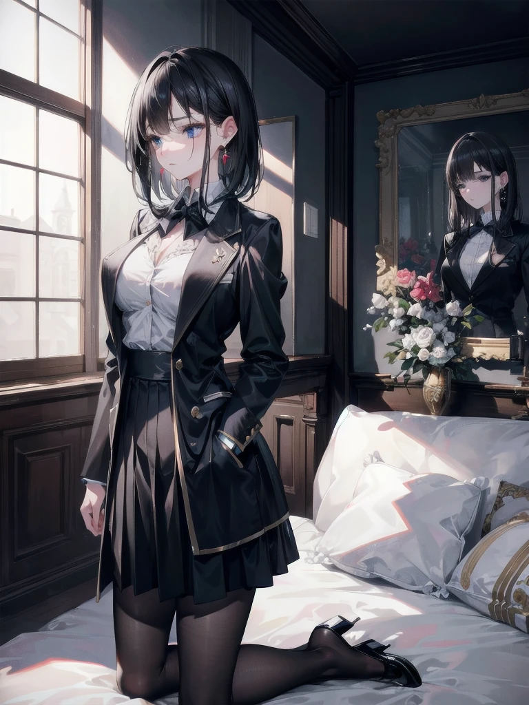 absurdres, RAW photo, extremely delicate and beautiful, masterpiece, Best Quality, ultra high resolution, 32k, hyperrealistic, ultra-detailed, delicate facial features, beautiful detailed woman, tearful mole, earring, medium breasts, full body shot, medium hair, black hair, blazer, skirt, oversized clothes,