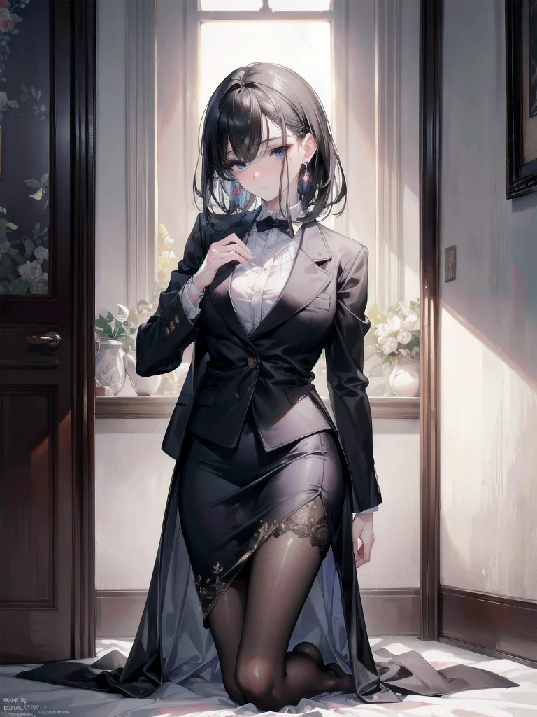 absurdres, RAW photo, extremely delicate and beautiful, masterpiece, Best Quality, ultra high resolution, 32k, hyperrealistic, ultra-detailed, delicate facial features, beautiful detailed woman, tearful mole, earring, medium breasts, full body shot, medium hair, black hair, office suit, 