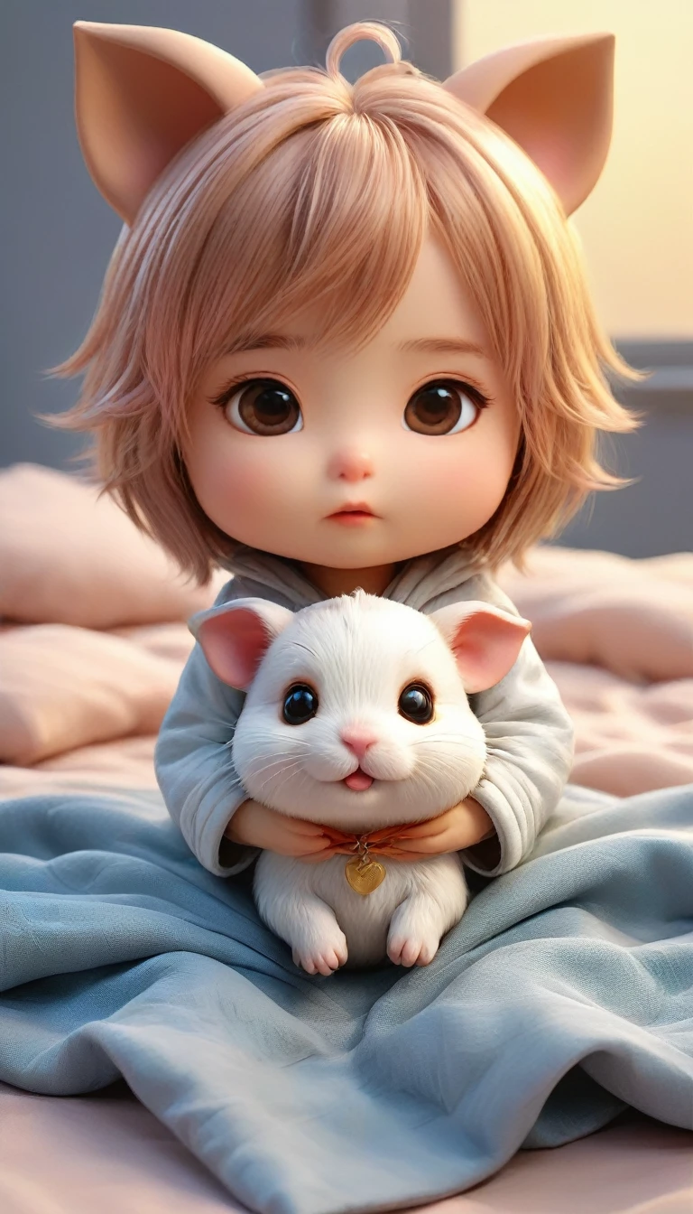 With the sunset in the background,(masterpiece:1.2, high quality), Several baby hamsters sleeping together in bed、