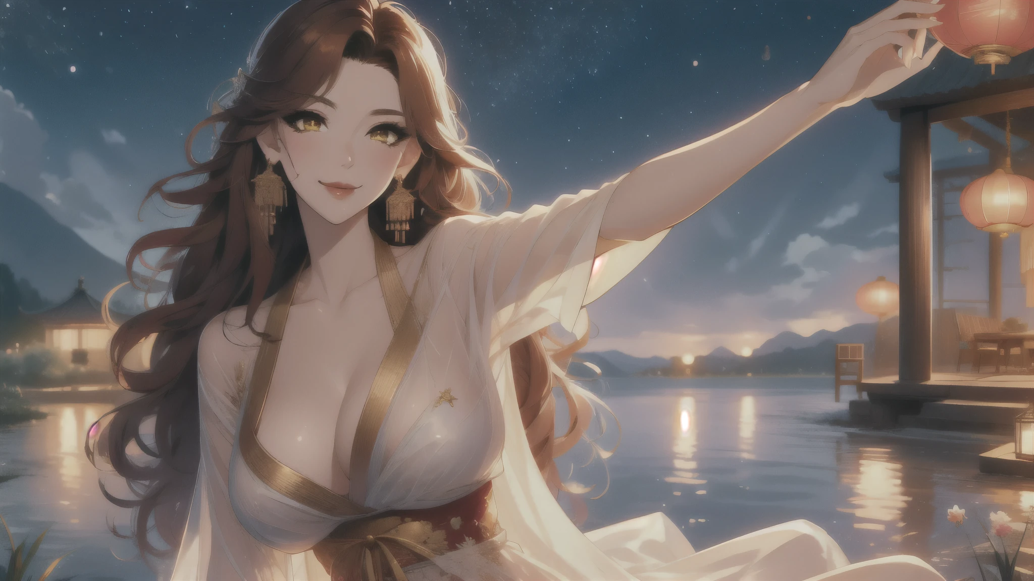 UHD, textured skin, high detail, anatomically correct, SOLO, 1 female, Xian mei, unique golden eyes, long red curly hair, jewelry, round, big breasts, perfect anatomy, walking by the lake, clear water nude, nude, sexy, hot , stars at night, shooting stars, wonderful sky, dear night sky,
