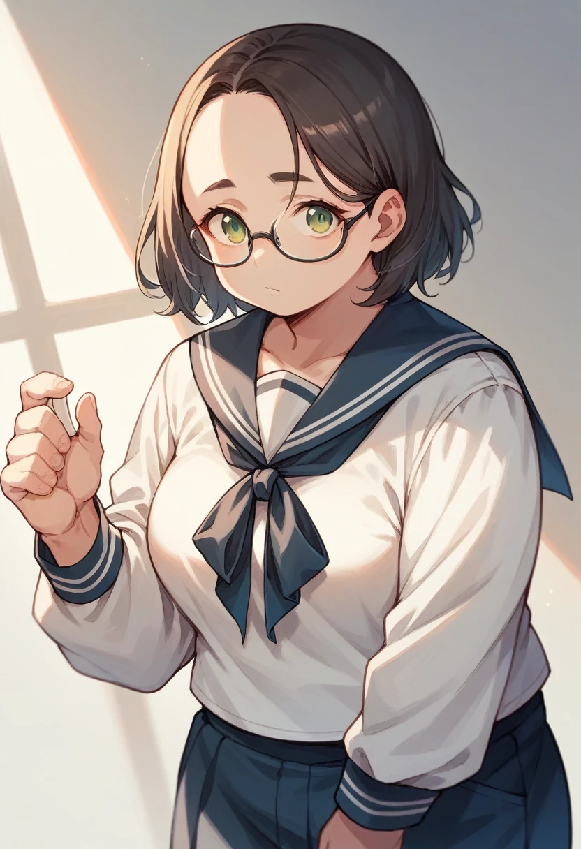 Kizi, chubby Kizi, blond, greeneyes, Medium length hair, open forehead, without bangs, black square-rim glasses, sailor