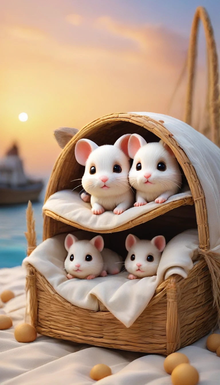 With the sunset in the background,(masterpiece:1.2, high quality), Several baby hamsters sleeping together in bed、