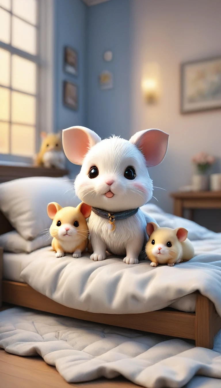 With the sunset in the background,(masterpiece:1.2, high quality), Several baby hamsters sleeping together in bed、