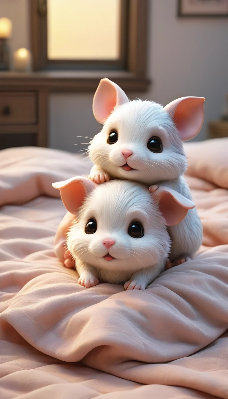 With the sunset in the background,(masterpiece:1.2, high quality), Several baby hamsters sleeping together in bed、