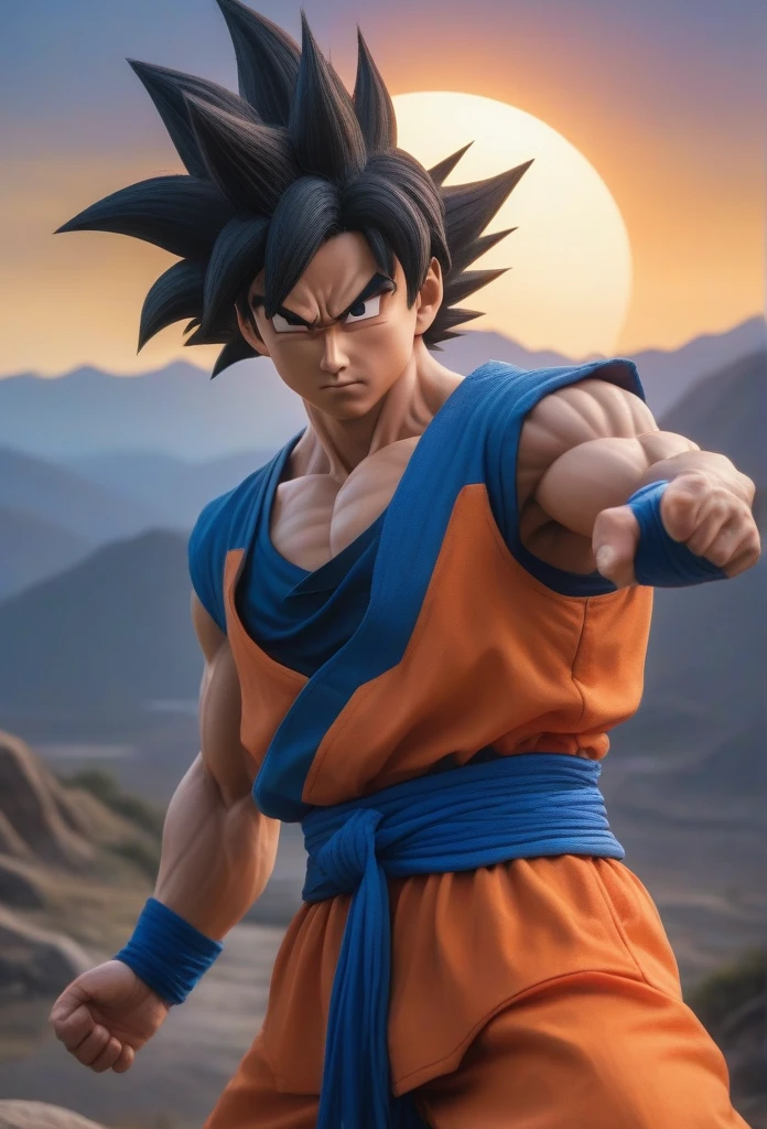 (Masterpiece artwork, 8K, uhd, high resolution: 1.4), moving portrait of Goku, (Detailed and realistic strokes: 1.3), (spiky black hair and expressive eyes: 1.2), (powerful and determined pose: 1.3), (wearing the iconic orange uniform: 1.2), (bright blue energy aura around: 1.3), (background with mountains and sky scenery at sunset: 1.1), (epic and inspiring atmosphere: 1.3), Intricate, vibrant details, (fantasy and action elements: 1.2), (dynamic and heroic perspective: 1.3)