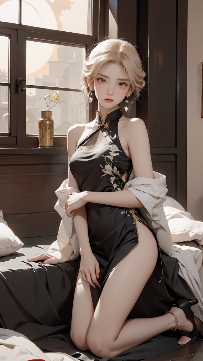 A very beautiful female empress, white hair, bob hair, short-hair, yellow eyes, olhos intensos, red nails, youthful face, notable physical features, slim, muscular but well-proportioned body. Wearing traditional Chinese imperial clothing in black with gold details, with red Hanafuda earrings, with a red skirt with gold details, a black string sandal. Kneeling on a white bed in an ancient Chinese room, with a full moon and stars in the window in the background with flashes of light reflecting on the body.