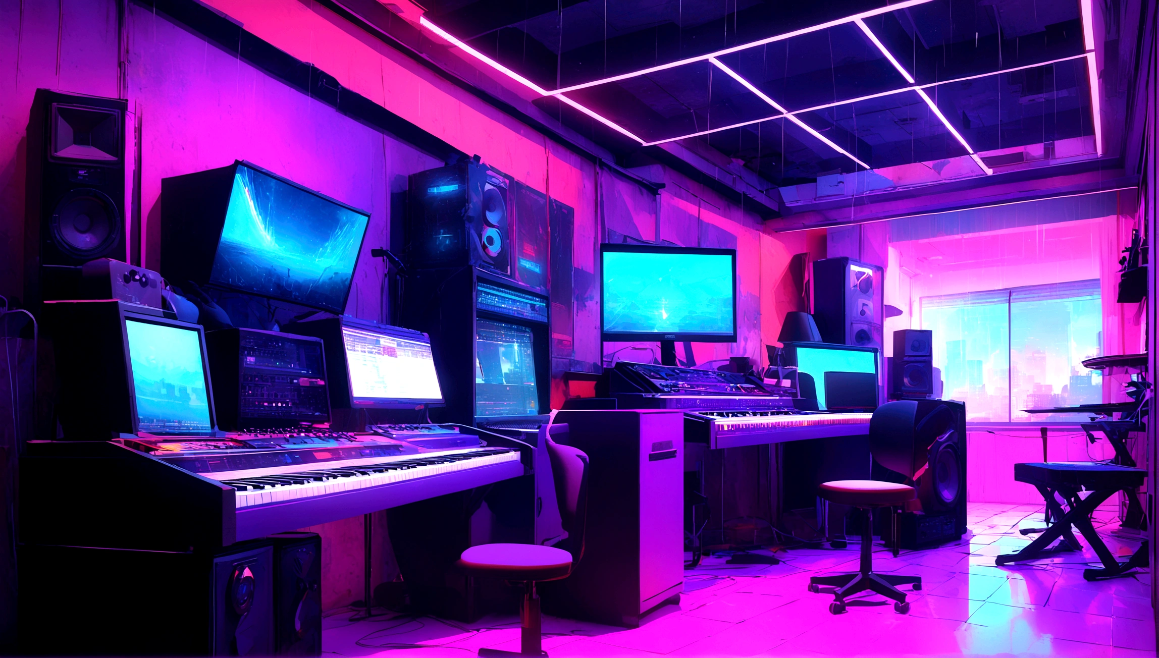 There is a music studio room with a table, a chair, sofas,and computer monitor,keyboard,pianos,and guitar,arranger mixer,KRK Audio,listener,Equipment cables,raining night,Digital painting inspired by Beeple, blinds, conceptual artwork, 3D rendering beeple, interior background art, Arte synthwave style, Flat synthetic wave art style, Arte synthwave, cyberpunk teenage room, purple, Unripe, orange