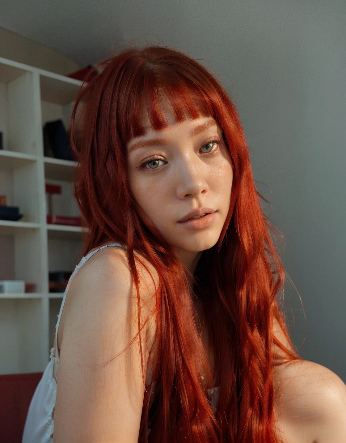there is a woman with red hair posing for a picture, lalisa manobal, she has long curly hair, the hime cut, with long red hair, with red hair, cabelo rot brilhante, long bright red hair, rot, she has red hair, retrato de asuka langley soryu, lalisa manobal, long hair with bangs